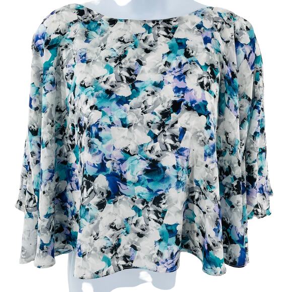 Sam Edelman Blue White Chiffon 3/4 Sleeve Oversized Slinky Swing Blouse Top XS - Picture 1 of 13